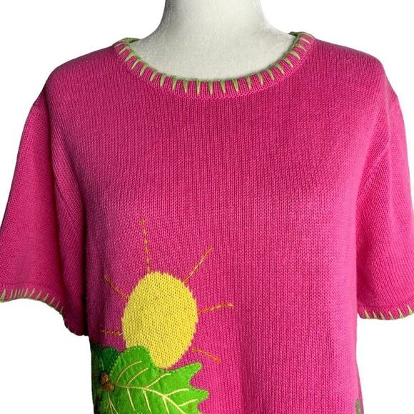 Vintage Quacker Factory Flamingo Sweater L Pink Beaded Short Sleeve Tunic - Picture 2 of 7